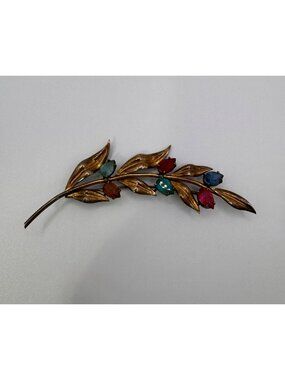 Symmetalic Sterling 14K Leaf Brooch Multi Color Glass Rhinestones Vintage